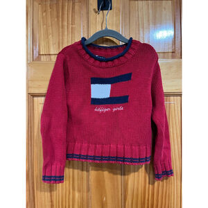 Vintage Little Girls Tommy Hilfiger Red Knit “Hilfiger Girls” Flag Sweater Sz 4